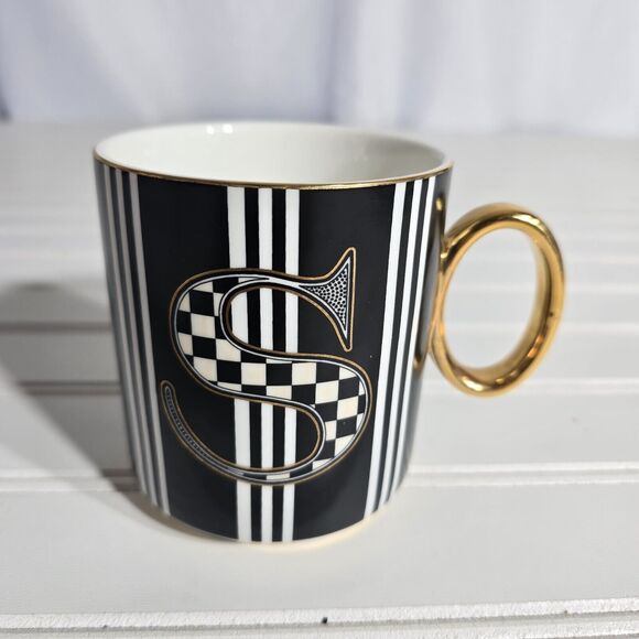 MacKenzie-Childs My Mug Coffee Cup Initial S Black White & Gold New without Box - Picture 3 of 6